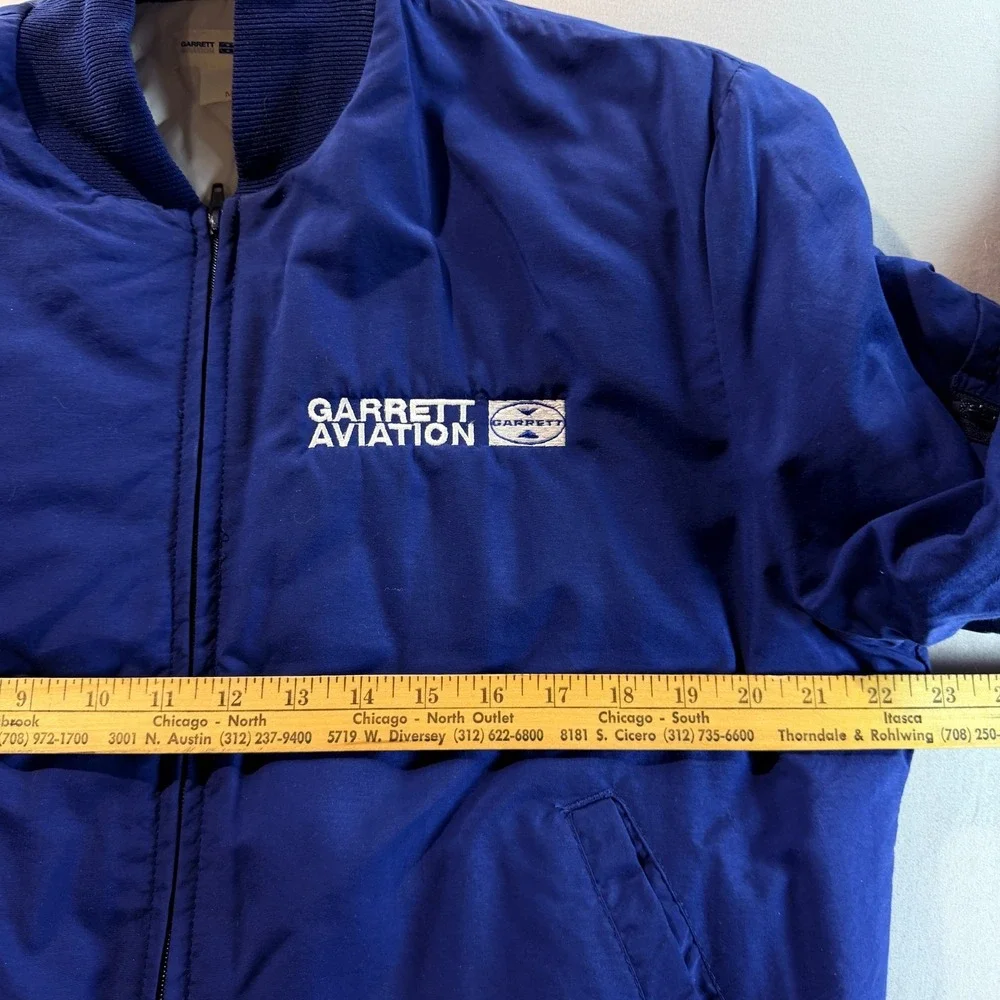 Vintage‎ Garrett Aviation Bomber Jacket Blue Insulated Zip Up Mens Medium